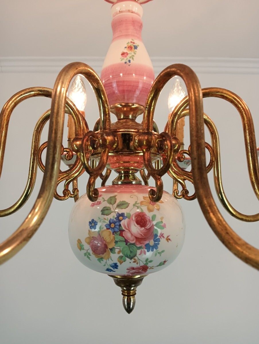 photo furniture Romantic Italian Chandelier  Pink Porcelain Flower Pattern Brass 8 Lights Arm VI