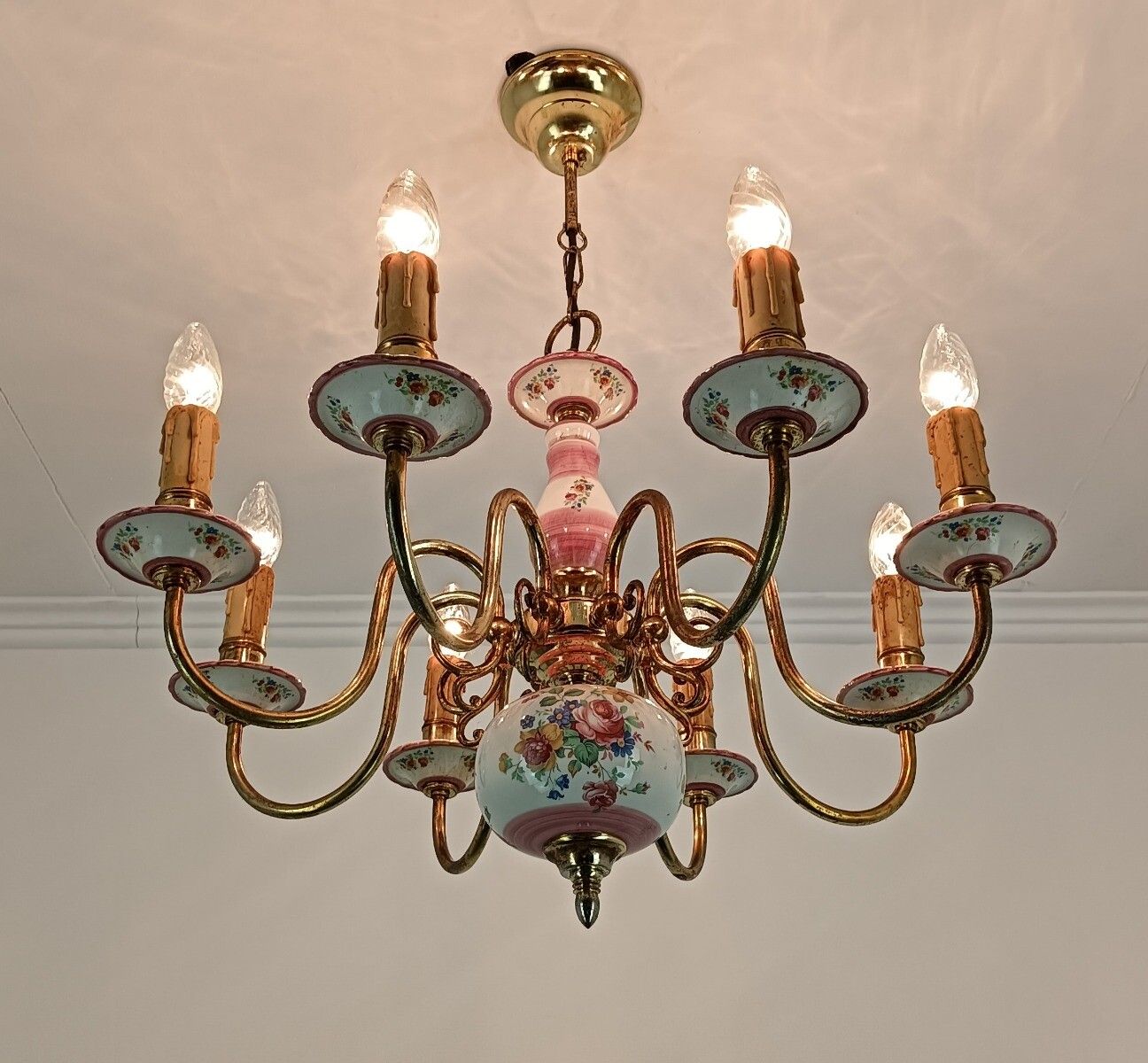 Lighting Romantic Italian Chandelier  Pink Porcelain Flower Pattern Brass 8 Lights Arm VI photo