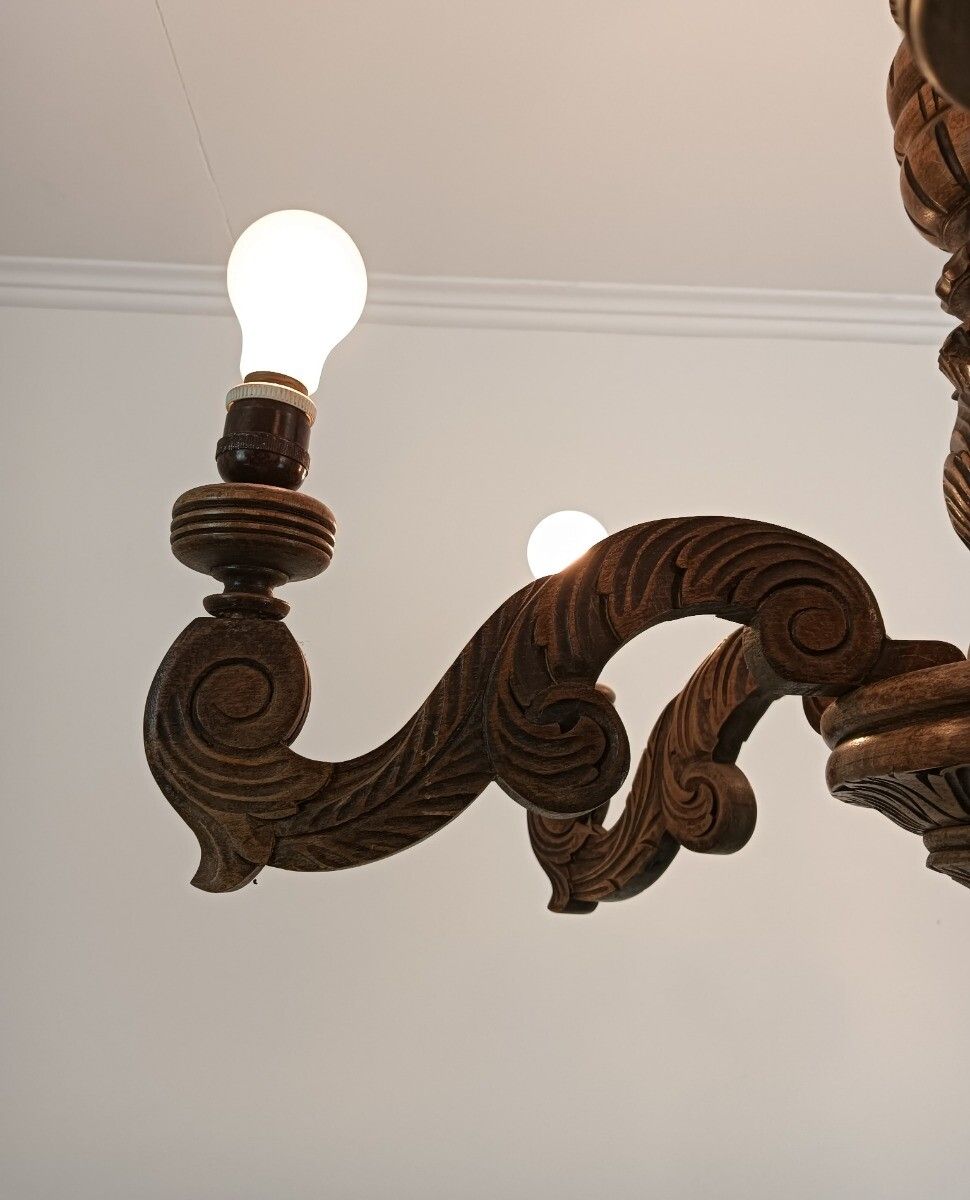 Gorgeous Wooden Carved Chandelier Barn Farmhouse Style 6 Lights Arm Vintage photo Lighting