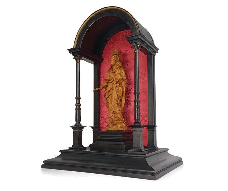 Black Lackered Antique Chapel Niche With Pillars Madonna Virgin Mary Statue Waln