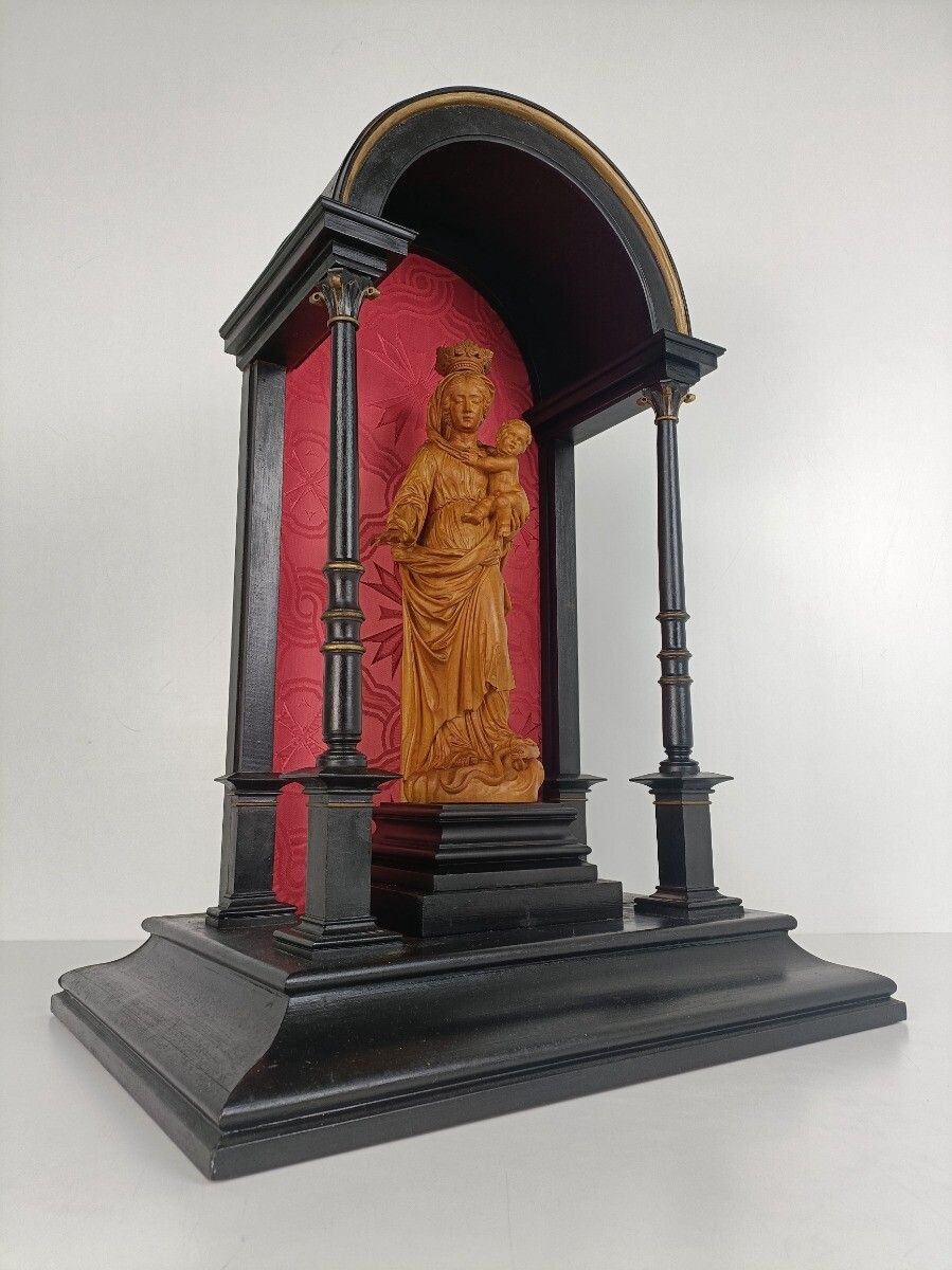 Black Lackered Antique Chapel Niche With Pillars Madonna Virgin Mary Statue Waln photo furniture