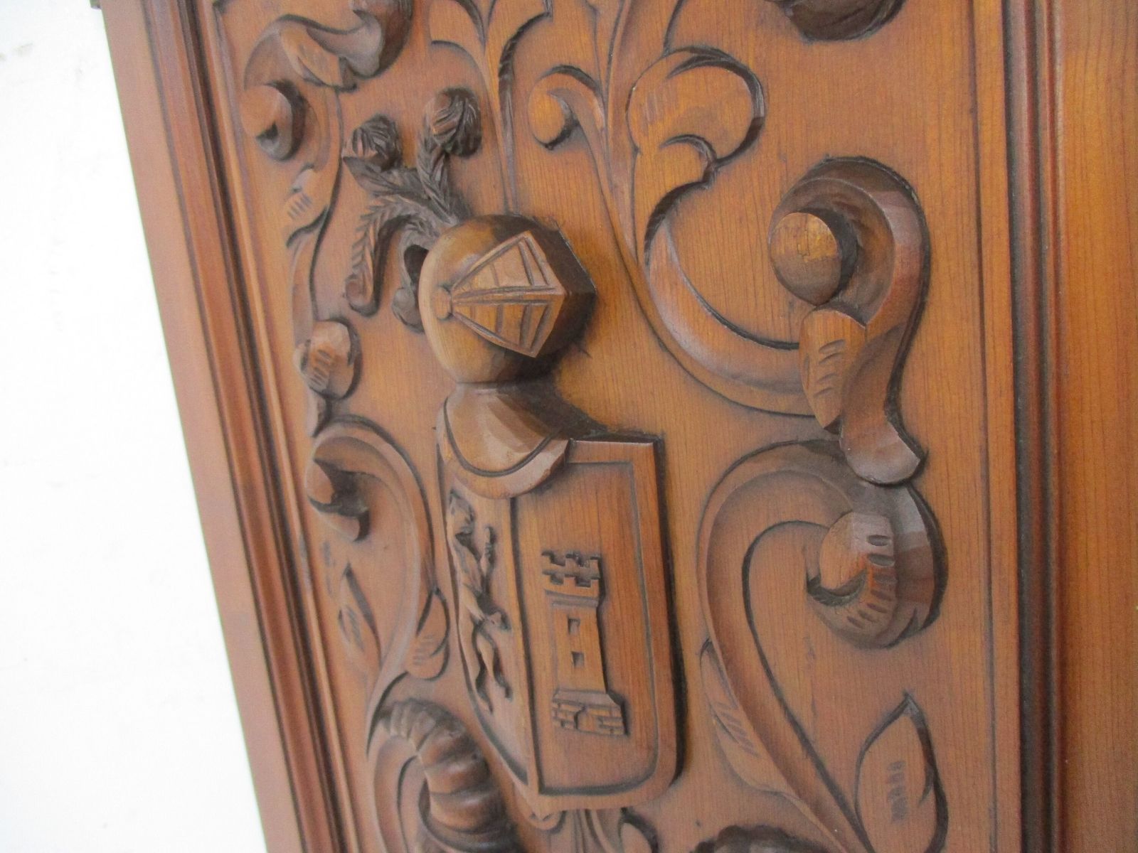 Antique Hand Carved Wood Door Panel Reclaimed Architectural Middle Ages Scene Sh photo 244.0
