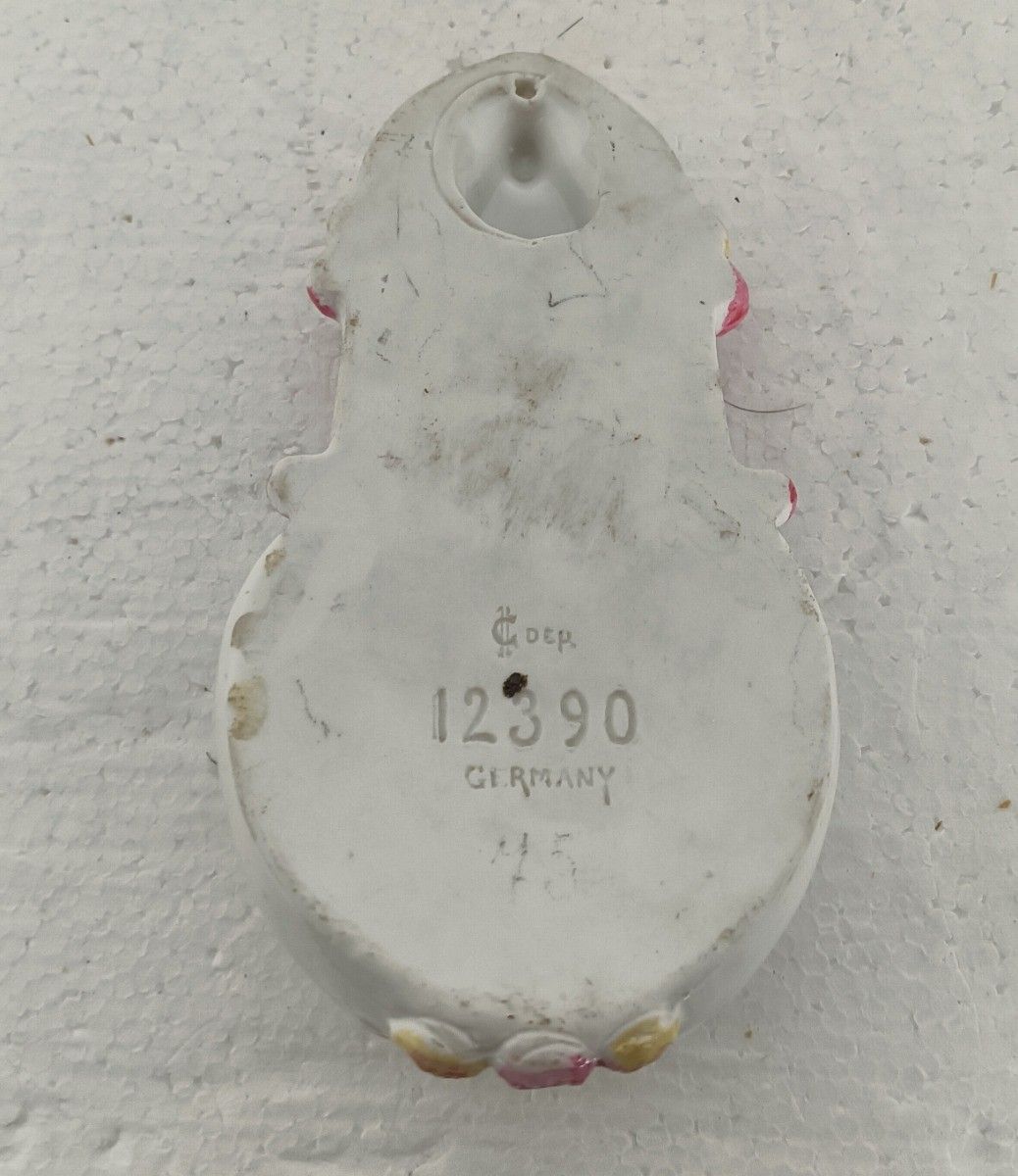 Beautiful Bisque Porcelain Antique Holy Water Font Vessel Madonna Pink Flowers G photo vinterior