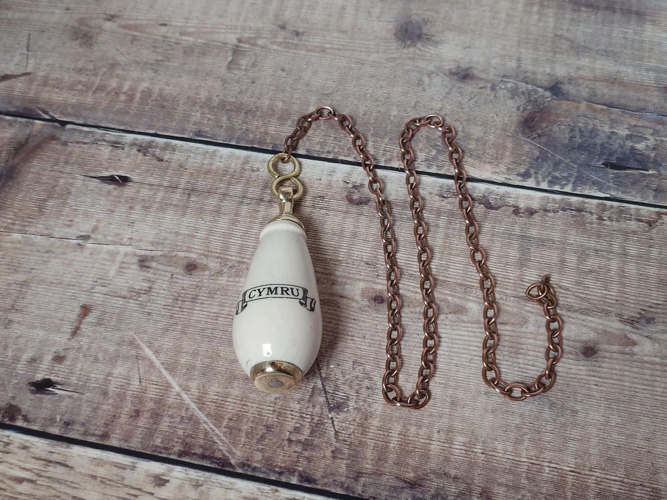 Vintage Ceramic Welsh Toilet Cistern Pull And Brass Chain, Vintage Toilet Flush Pull Chain, Ceramic Pull Handle, Welsh Ceramic Light Pull photo for sale