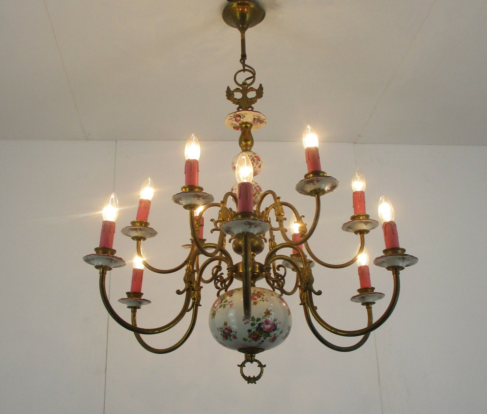 Large Flemish Dutch  Chandelier 12 !Arms Lights Ceramic Brass Italian Style photo Lighting