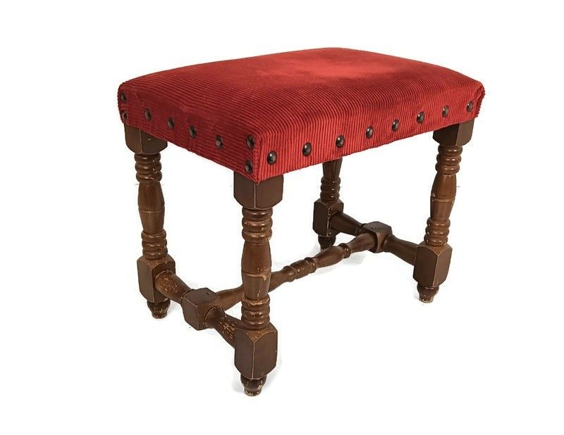 Vintage Footstool Foot Rest Ottoman Red Fabric Hobnails Wood