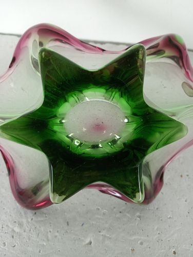 Green Cranberry  Murano Italian Art Glass Centerpiece Dish Bowl Mid Century Vint photo vintage