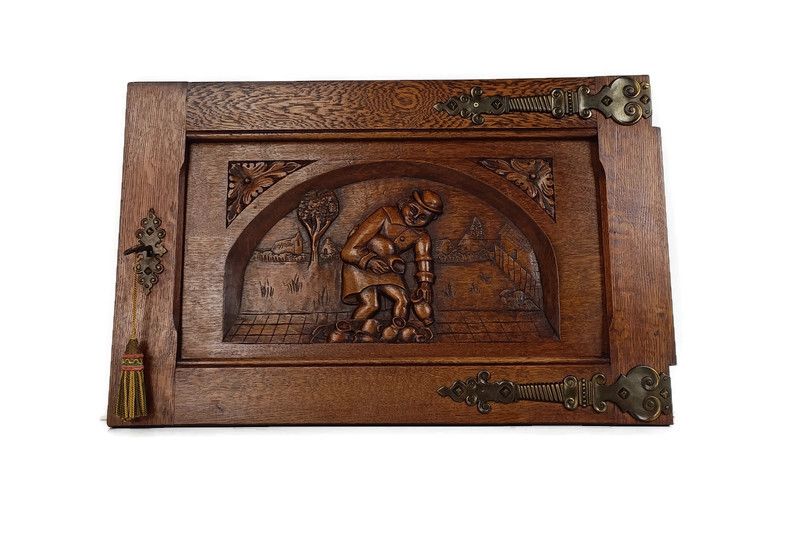 Vintage Carved Wood Door Panel Brass Trims Breughel Style Architectural Salvaged