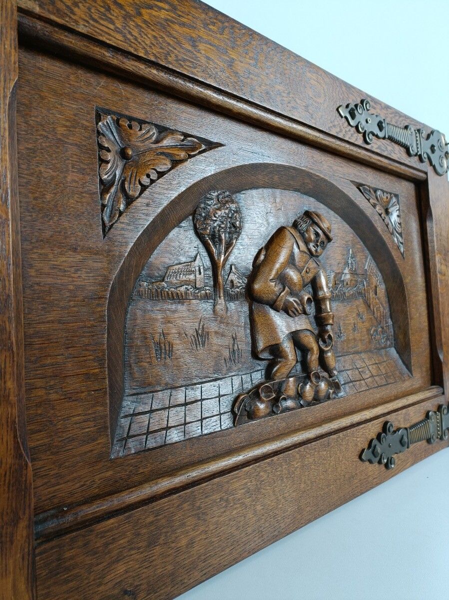Vintage Carved Wood Door Panel Brass Trims Breughel Style Architectural Salvaged photo 162.0