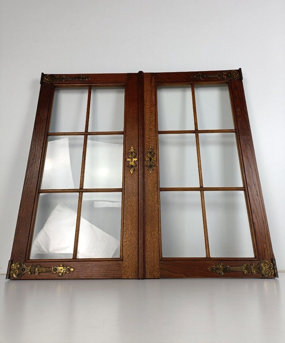 Hand Carved Wooden Door Panels Brass Trim Parts  Glass Pair Antique Reclaimed Sa photo 244.0