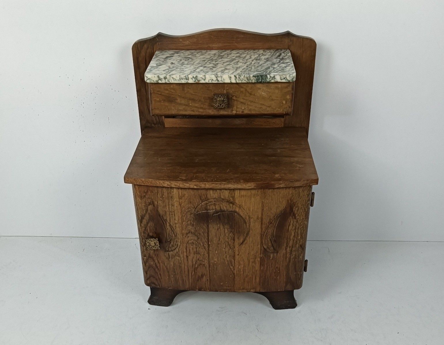 photo for sale Lovely Art Deco Nightstand Carved Wood Marble Top Bedside Table Cabinet Very Swe
