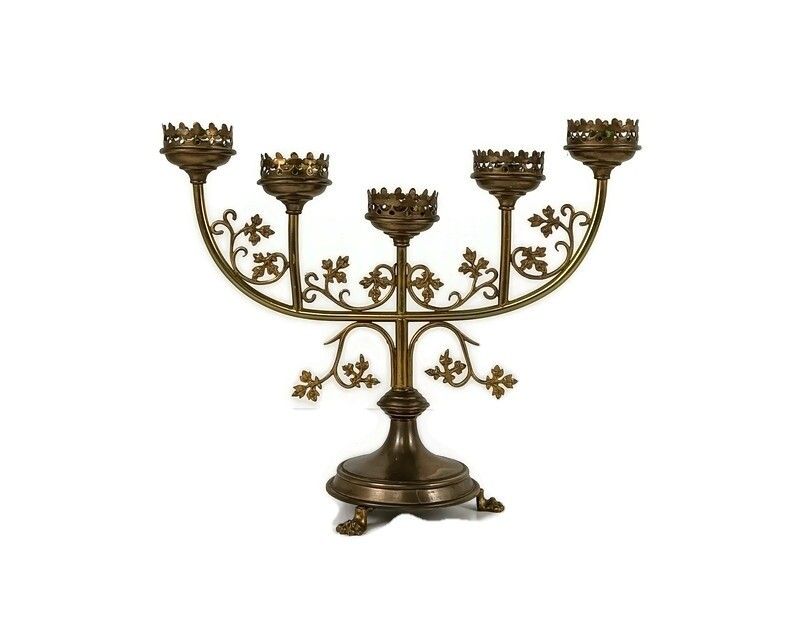 Candle Holder Brass Ornate Hollywood Regency Style Stylish Candelabra 5 Arm Leaf