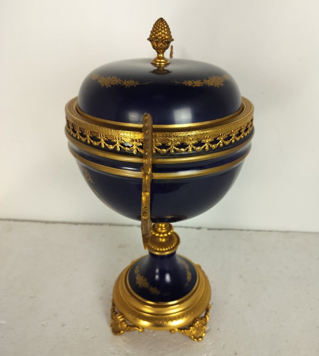 Cobalt Blue Porcelain Brass Trims Bowl Vase Urn With Lid Lumedart Belgium Beauti photo for sale