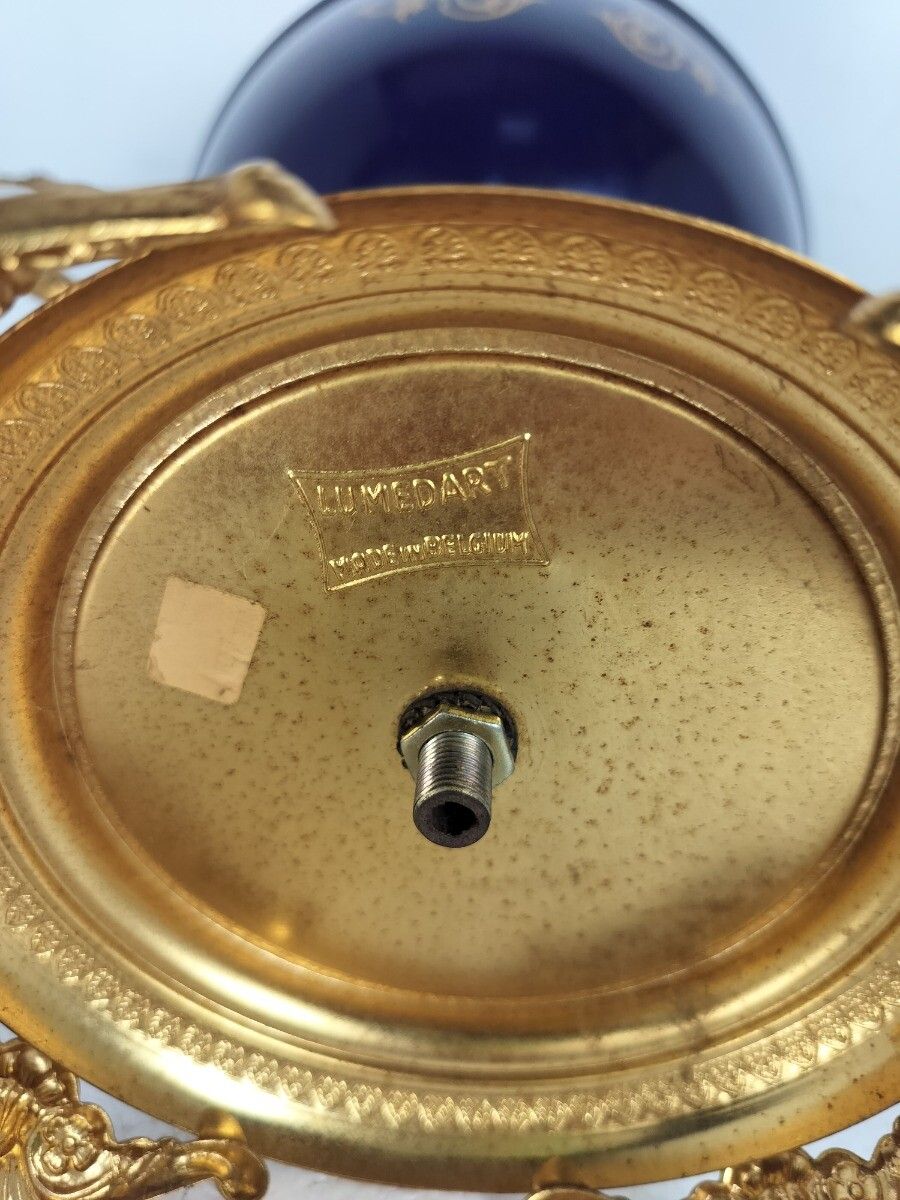photo for sale Cobalt Blue Porcelain Brass Trims Bowl Vase Urn With Lid Lumedart Belgium Beauti