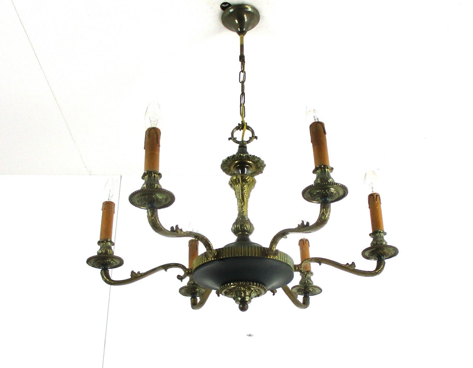 6 Arms Lights Pan Chandelier Revival French  Empire Vintage Modernist Brass photo for sale