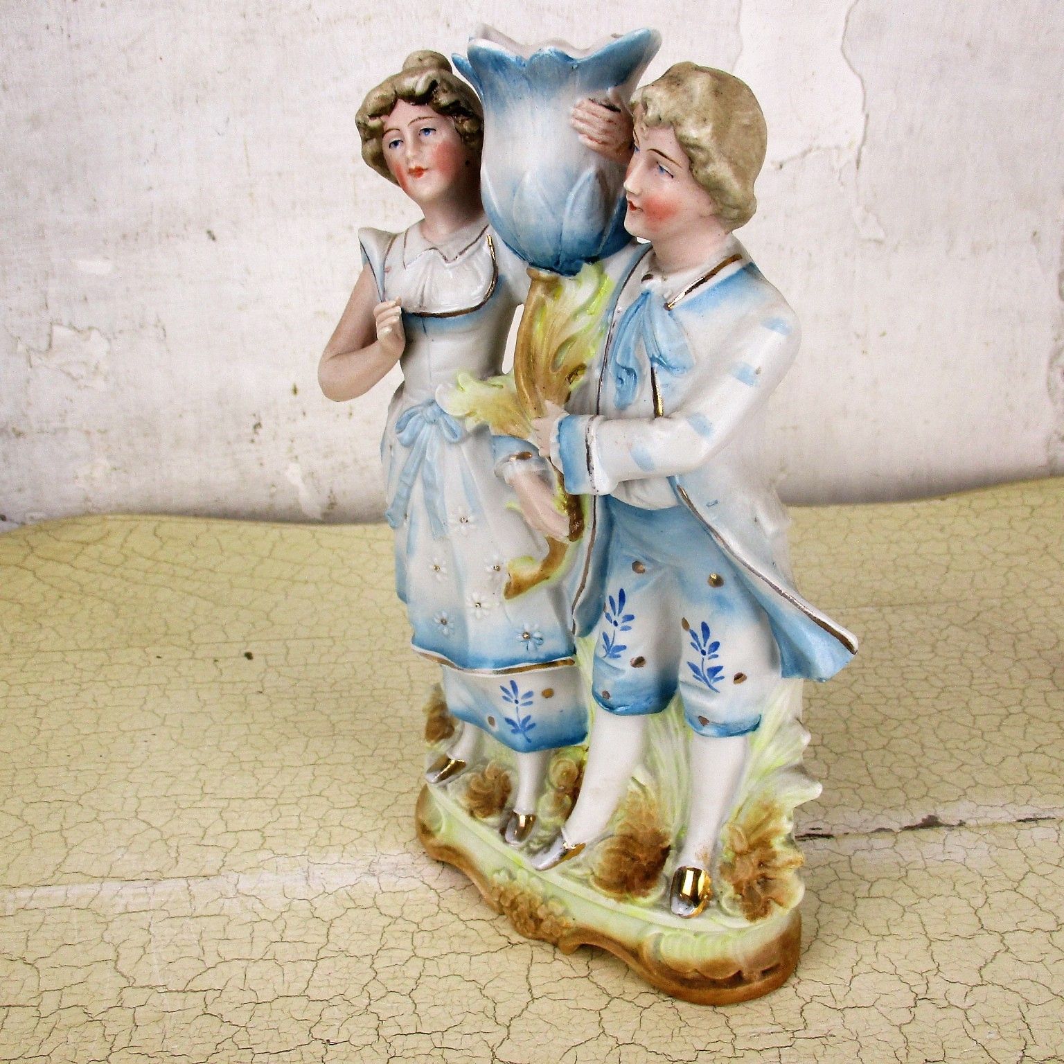 Lovely Porcelain Figurine Spill Vase Statue Victorian Couple Pair  Bisque photo vinterior