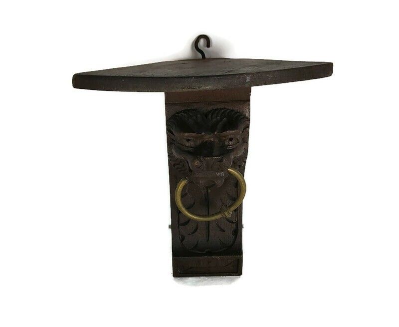 Antique French Carved Wood Reclaimed Architectural Lion Head Small Corner Consol