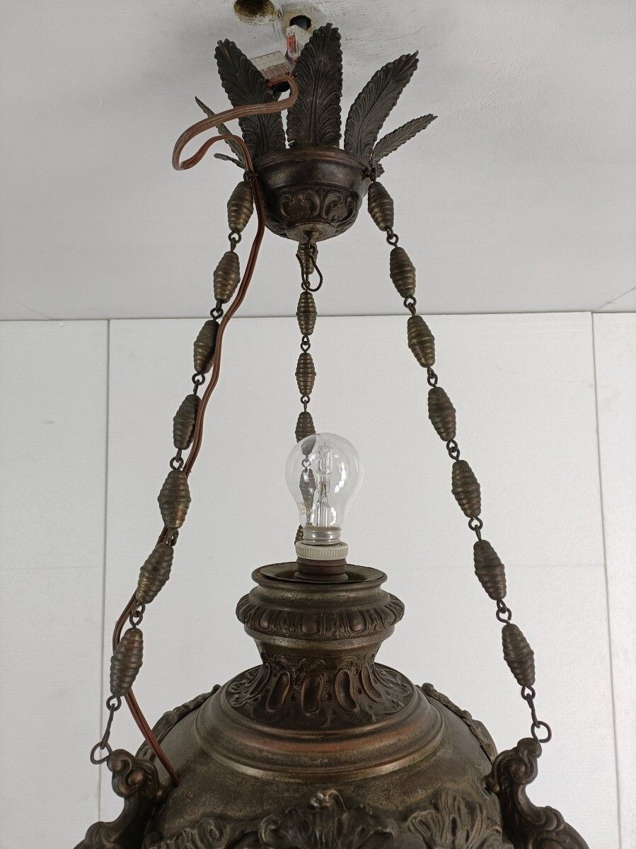 Antique Gothic Copper Silverplatede Gods Lamp Light Ceiling Fixture Chandelier P photo vintage