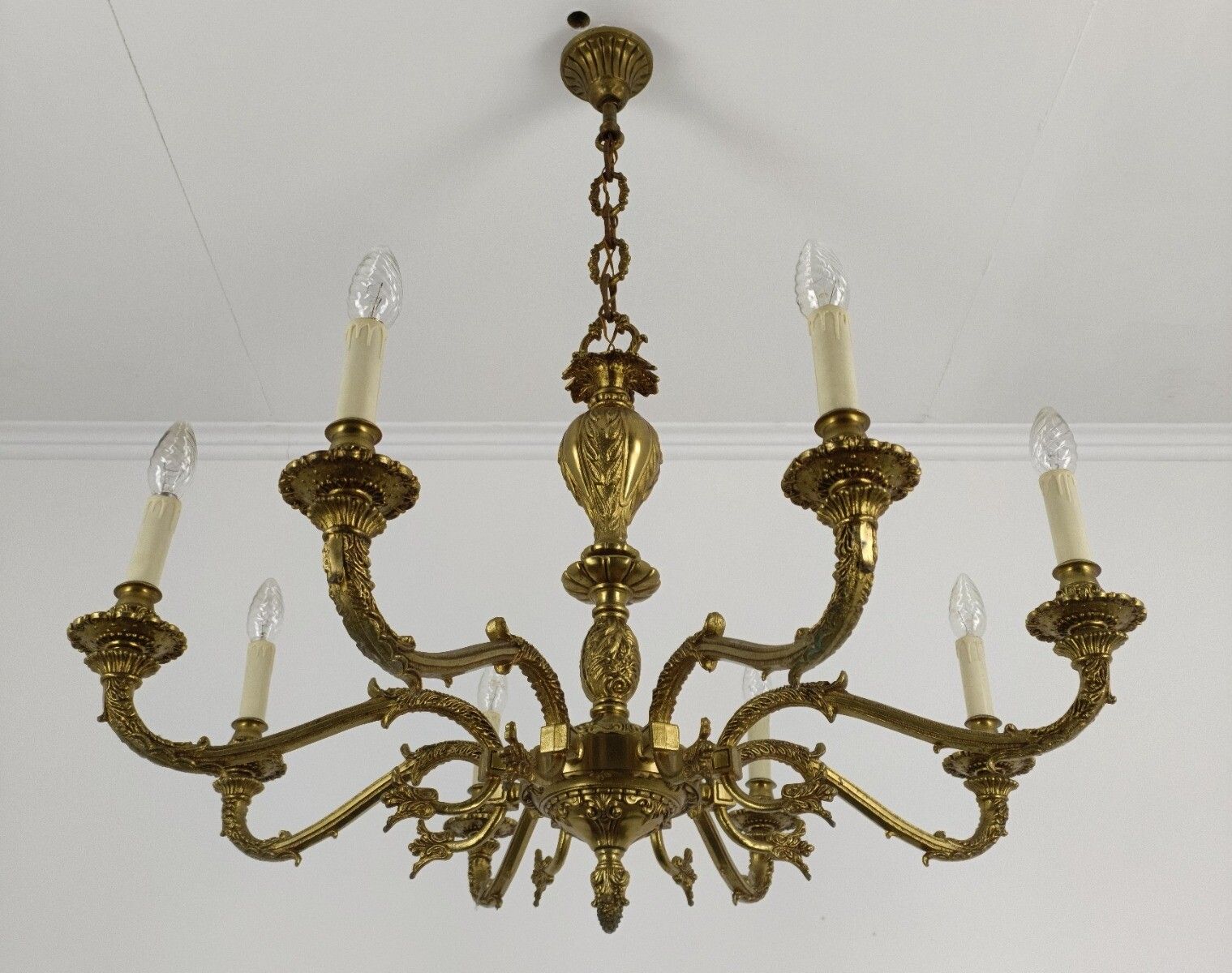 French Vintage Chandelier Bronze Dore Ornate 8 Lights Arms Pine Apples Hollywood photo for sale