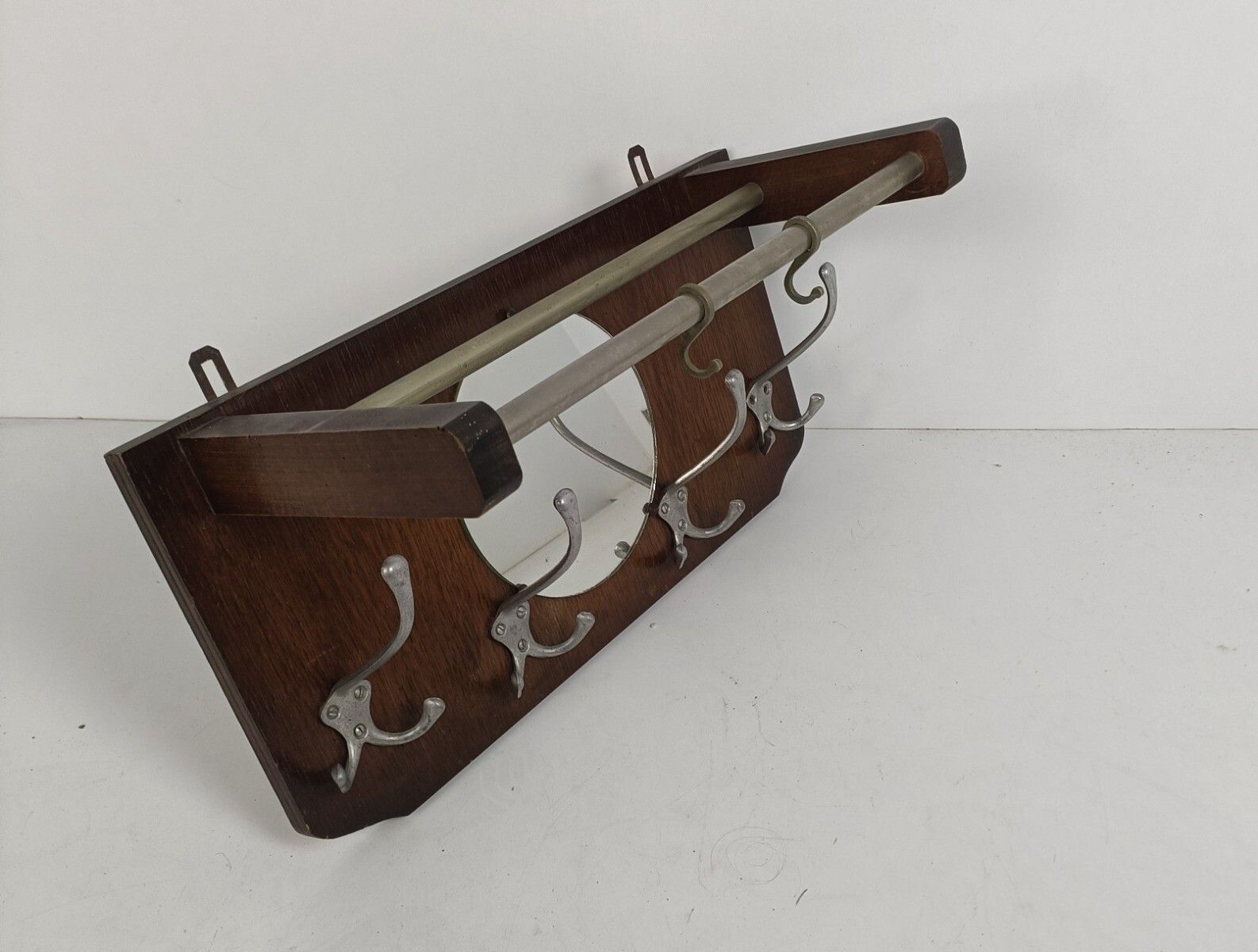 Small Vintage Railroad Luggage Hat Coat Rack Mid Century Modern Industrial Round photo vinterior