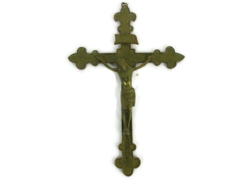 Hanging Wall Crucifix Cross Ornate Brass Jesus Christ French Fleur De Lis Lys