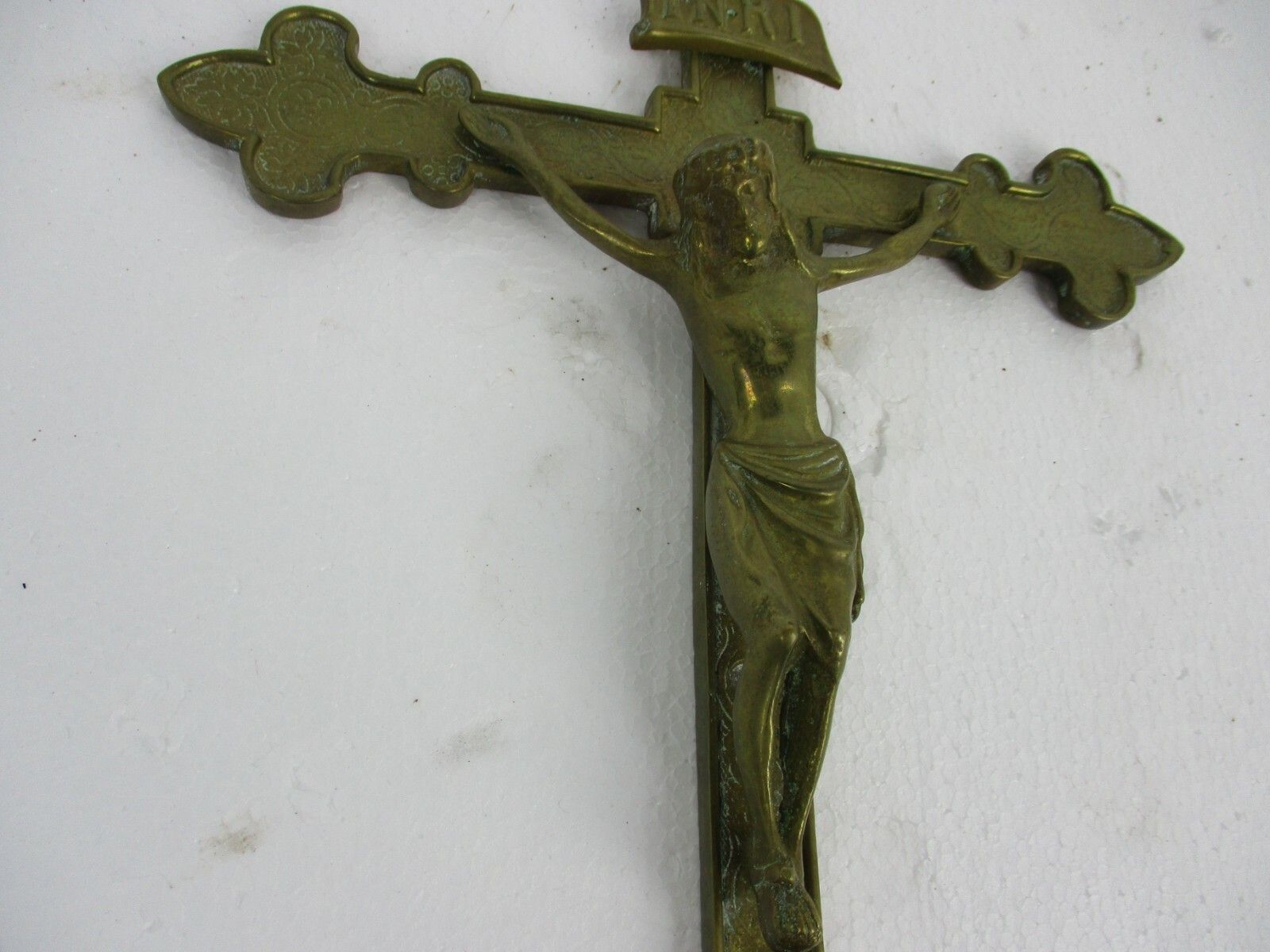 Hanging Wall Crucifix Cross Ornate Brass Jesus Christ French Fleur De Lis Lys photo for sale