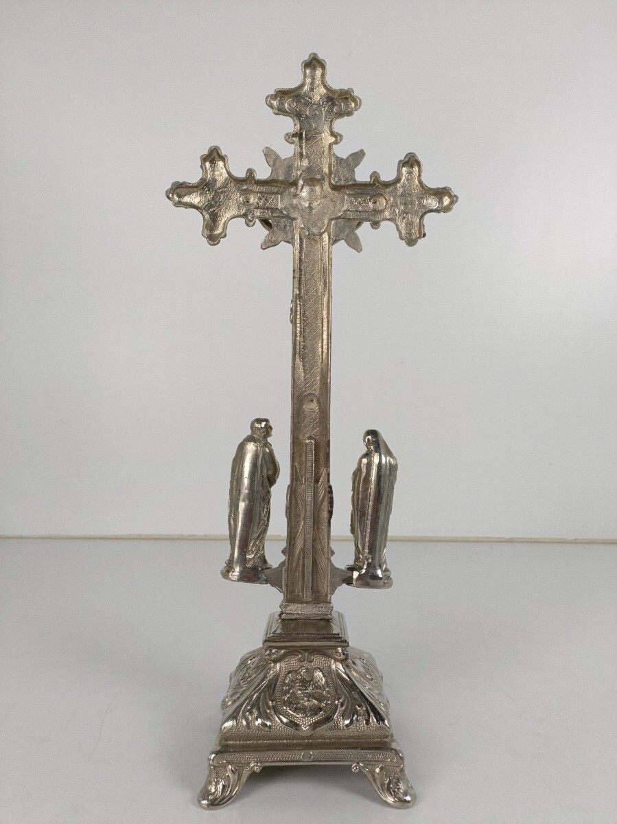 Standing Crucifix Cross Saint John Saint Mary Magdalene Golgotha Apostles Ornate photo vintage