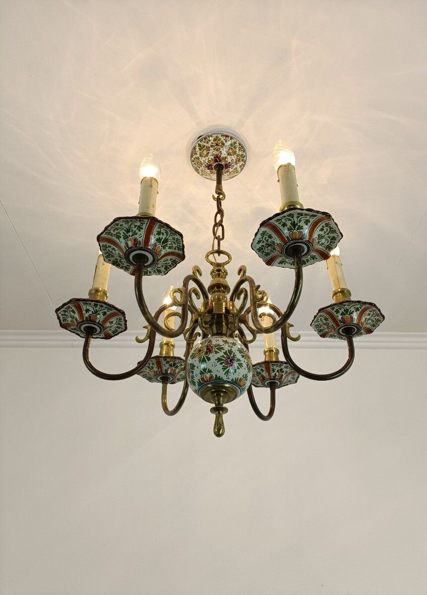 Chandelier 6 Lights Fixture Delft Polychrome Marked Bronze Porcelain Vintage Far photo furniture