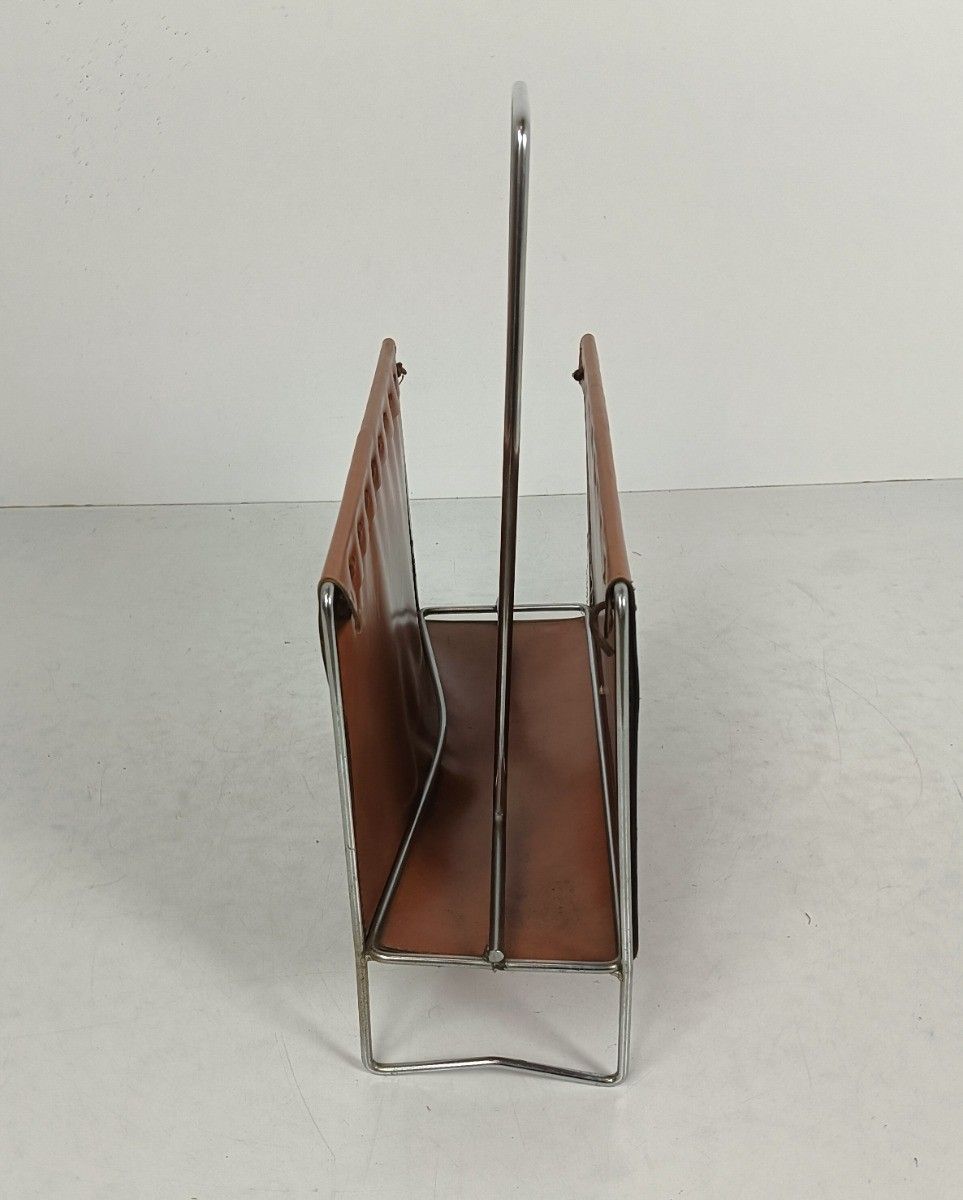 Newspaper Basket Rack Vintage Chrome Leather Funky Storage Magazine Rack photo furniture