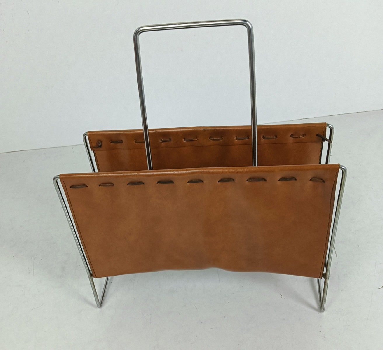 Newspaper Basket Rack Vintage Chrome Leather Funky Storage Magazine Rack photo for sale