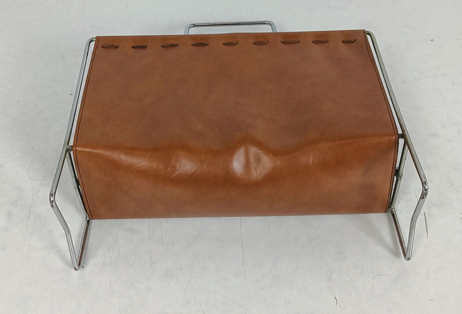 Newspaper Basket Rack Vintage Chrome Leather Funky Storage Magazine Rack photo Home Decor