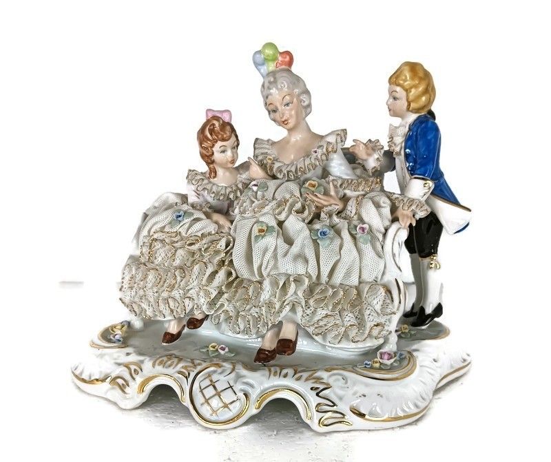Large Statue Figurine Porcelain Marked Dresden Germany Lace Lady With Children V