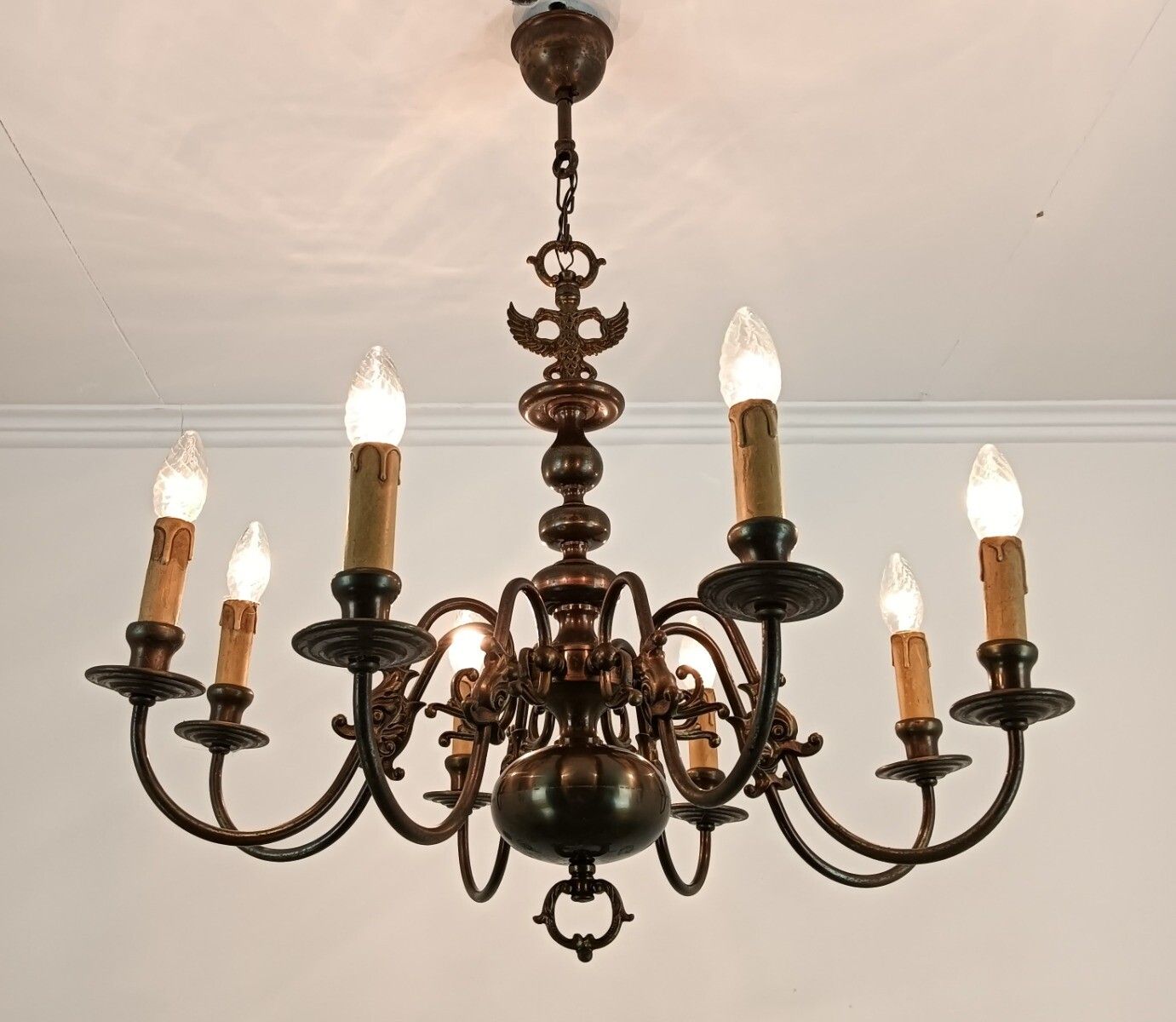 Vintage Chandelier Flemish Dutch Brass  Fish 8 Lights Beautiful Farmhouse Style photo furniture