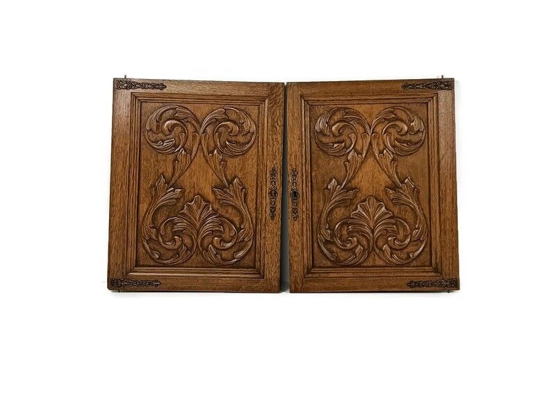 Pair Antique Hand Carved Wood Door Panels Reclaimed Architectural Salvaged