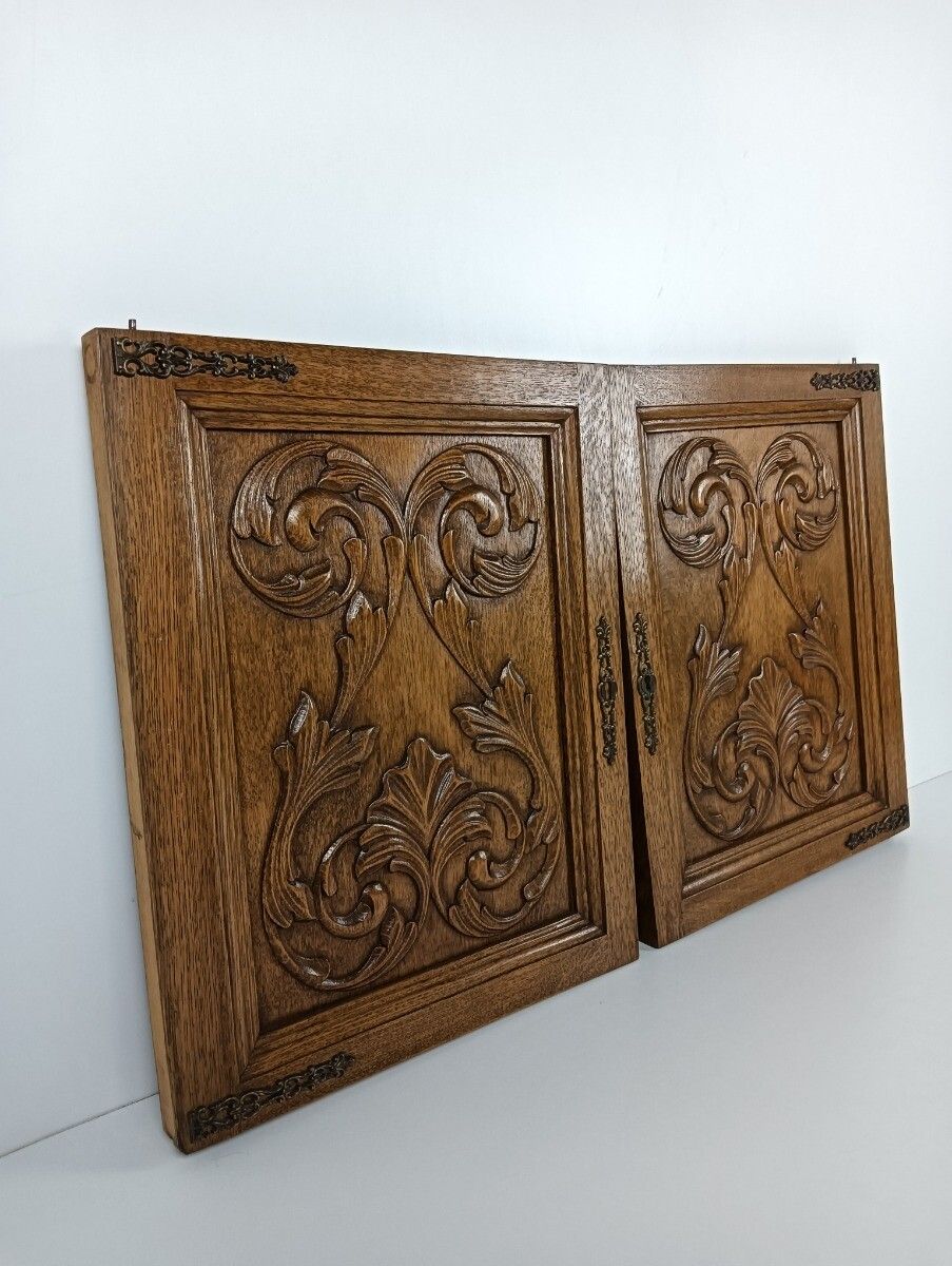 Pair Antique Hand Carved Wood Door Panels Reclaimed Architectural Salvaged photo furniture