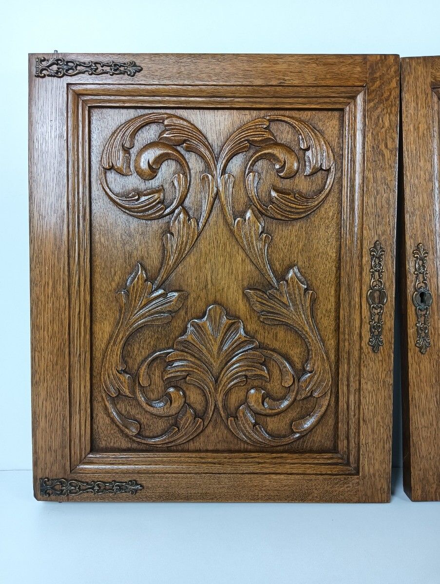 Pair Antique Hand Carved Wood Door Panels Reclaimed Architectural Salvaged photo 288.0