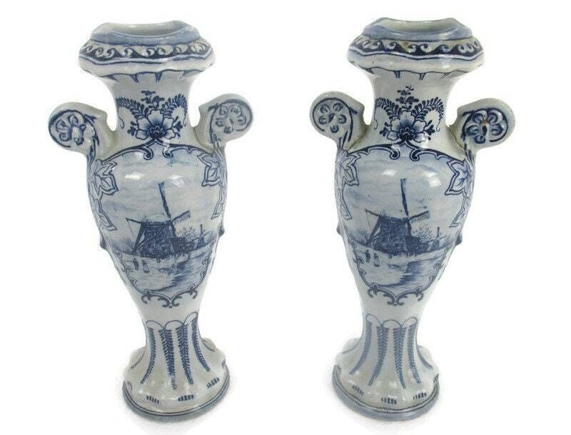 Pair Couple Antiqe Small Vases Delft Holland Blue White Porcelain Marked Hand Pa