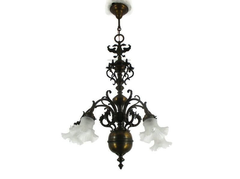 Antique Flemish Dutch Double Chandelier 5 Arms Lights Bronze Brass  Eagles Gothi