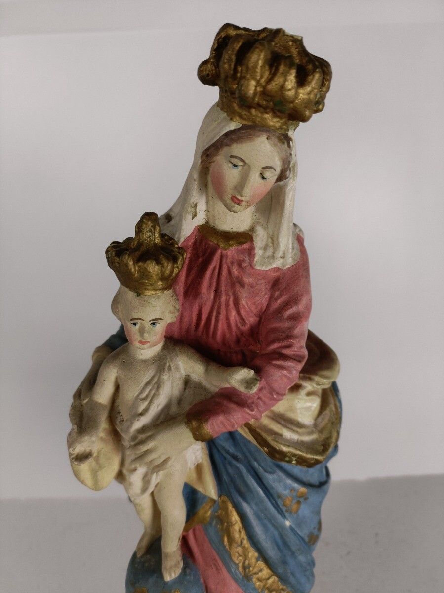 Antique Neo Gothic Statue Plaster Polychrome Our Lady Of Victory With Infant Jes photo furniture