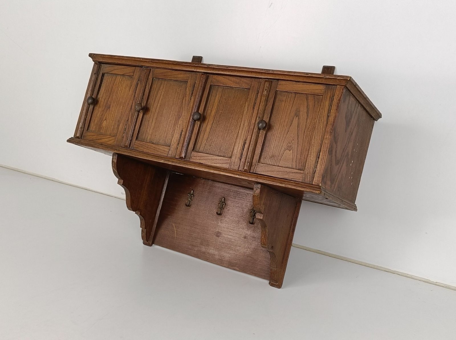 Large Wall Cabinet Console Coat Hat Rack Carved Wood French Fleur De Lis Hooks V photo furniture