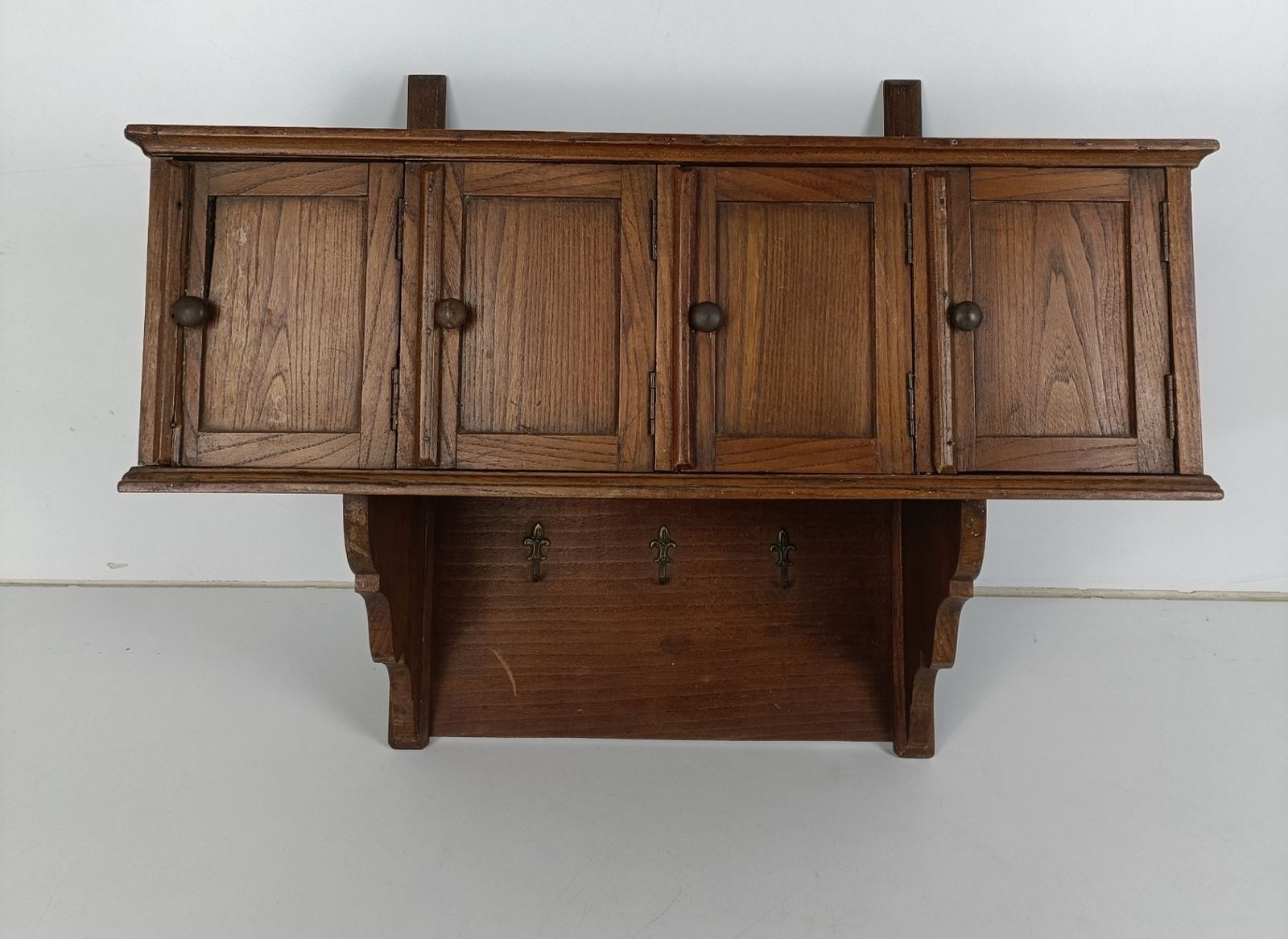 Large Wall Cabinet Console Coat Hat Rack Carved Wood French Fleur De Lis Hooks V photo Furniture