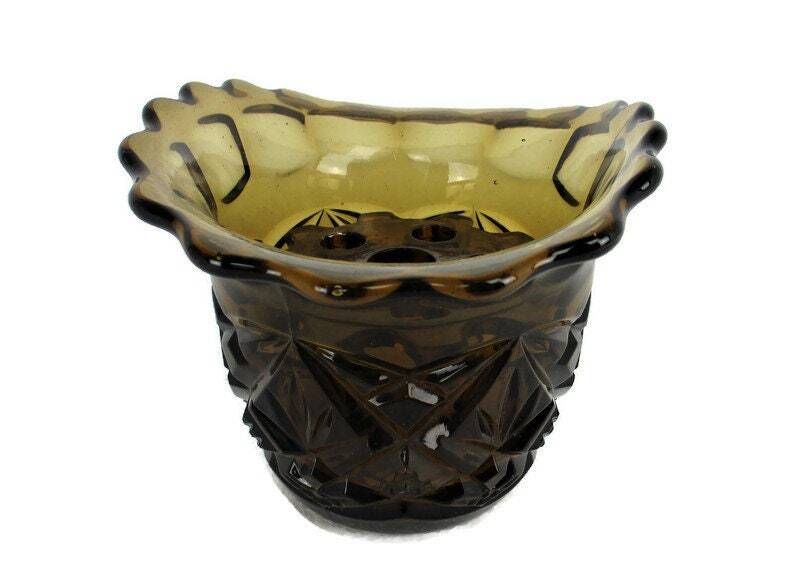 Art Deco Amber Flower Holder Pique Fleurs Art  Glass Vase 2 Pieces