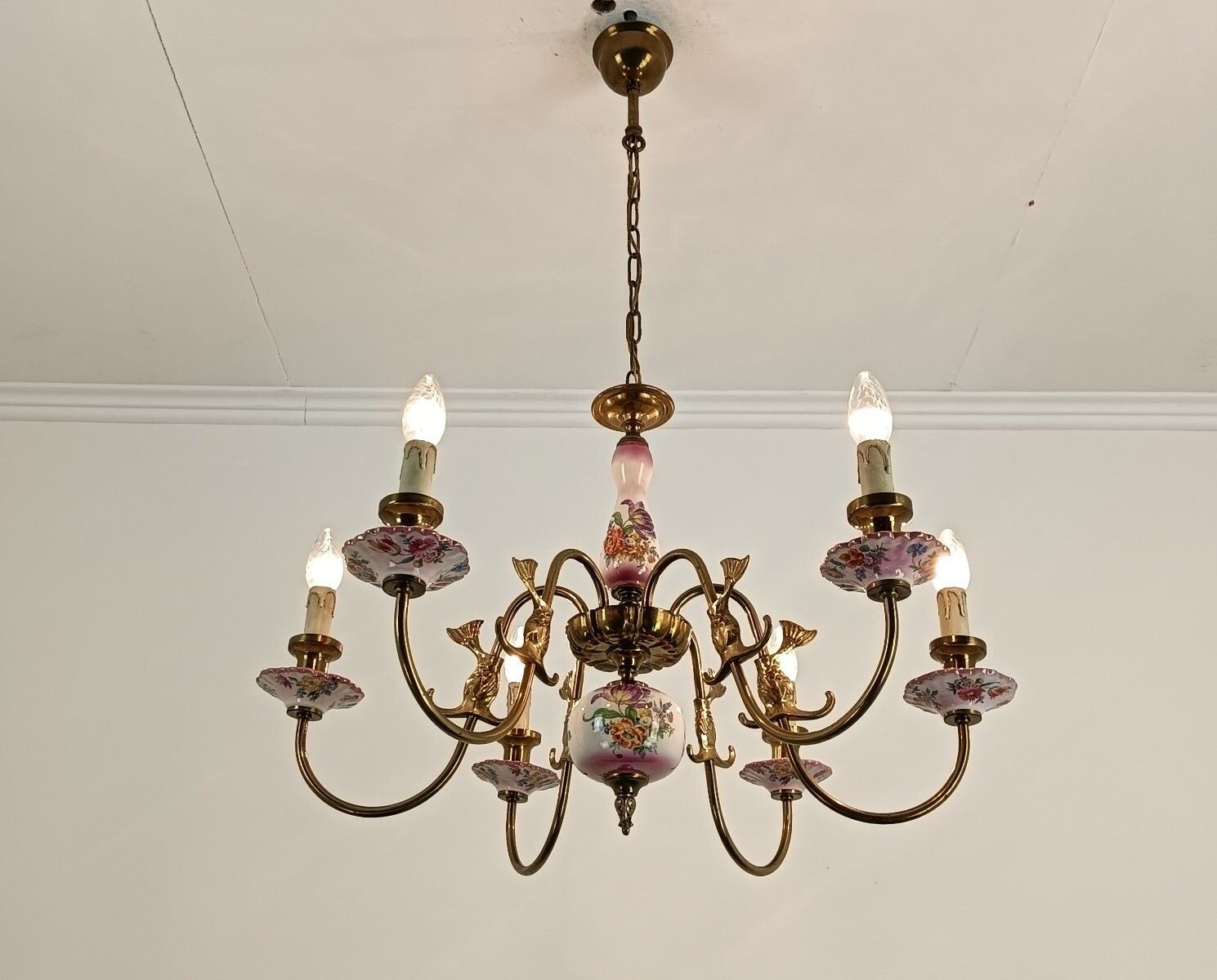 Chandelier Italy Pink Flowers Fish 6 Lights Vintage Beautiful Brass Farmhouse St photo buy