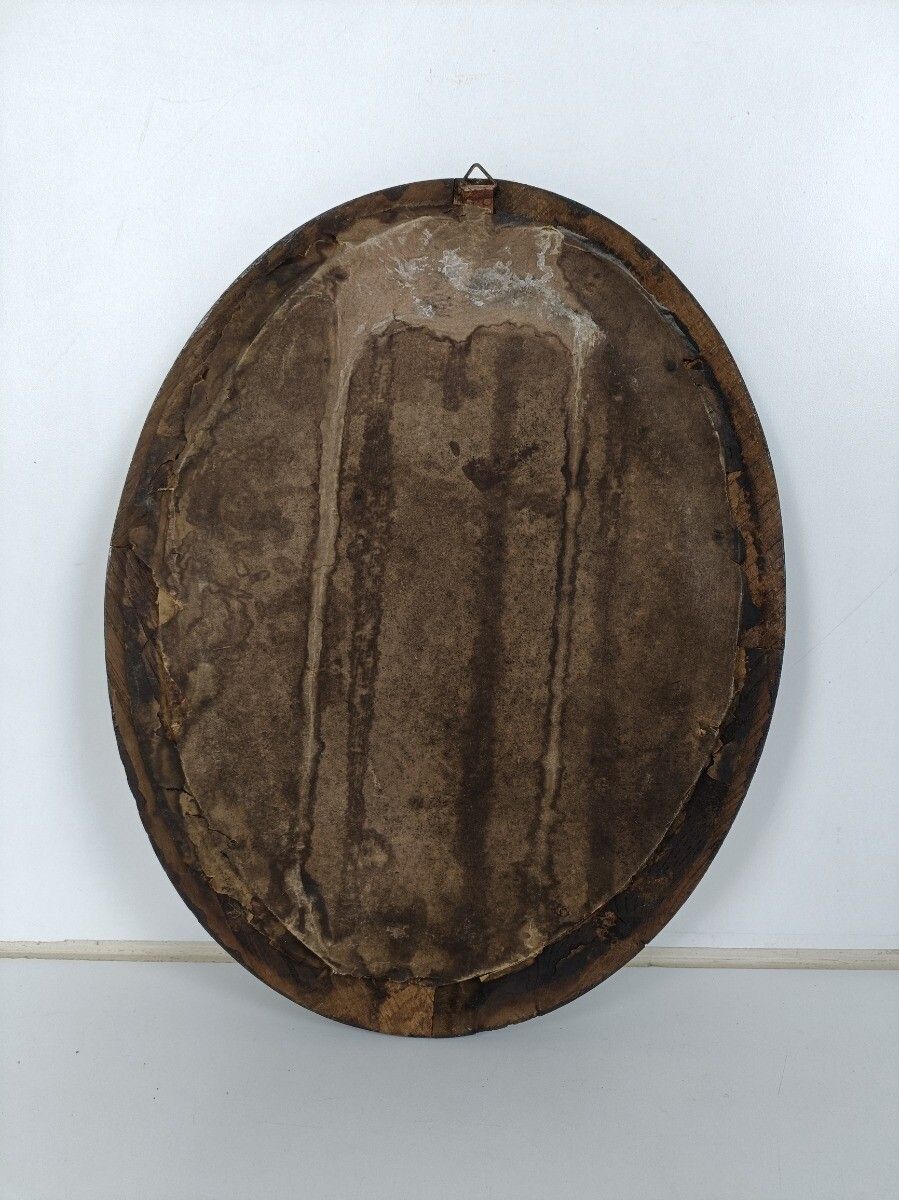 Antique Oval Ornate Wooden Frame Convex Glass Dome Crucifix Cross Golgotha photo for sale