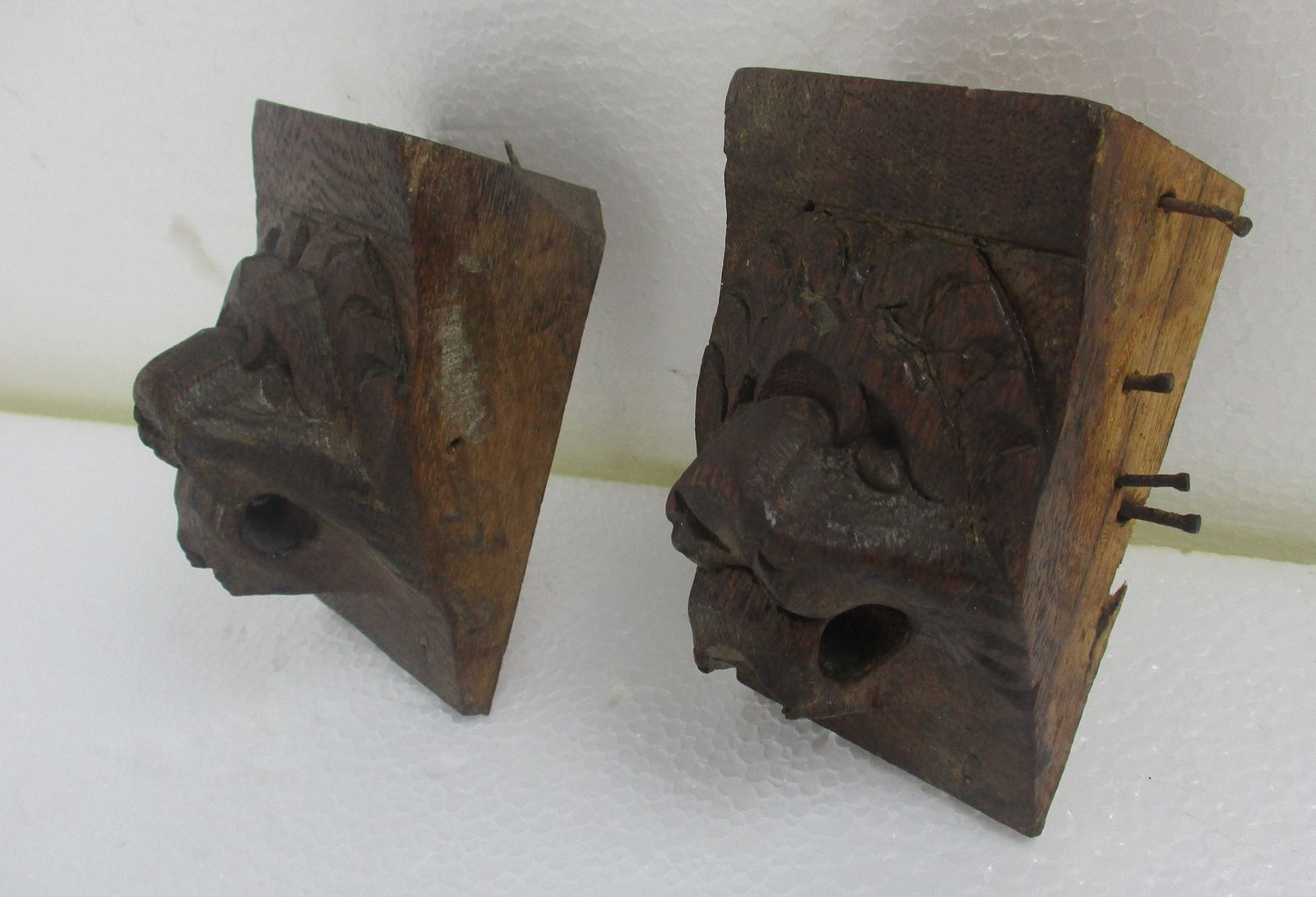 photo furniture Antique Pair Corbels Hand Carved Wood Architectural Reclaimed Lion Heads Trim