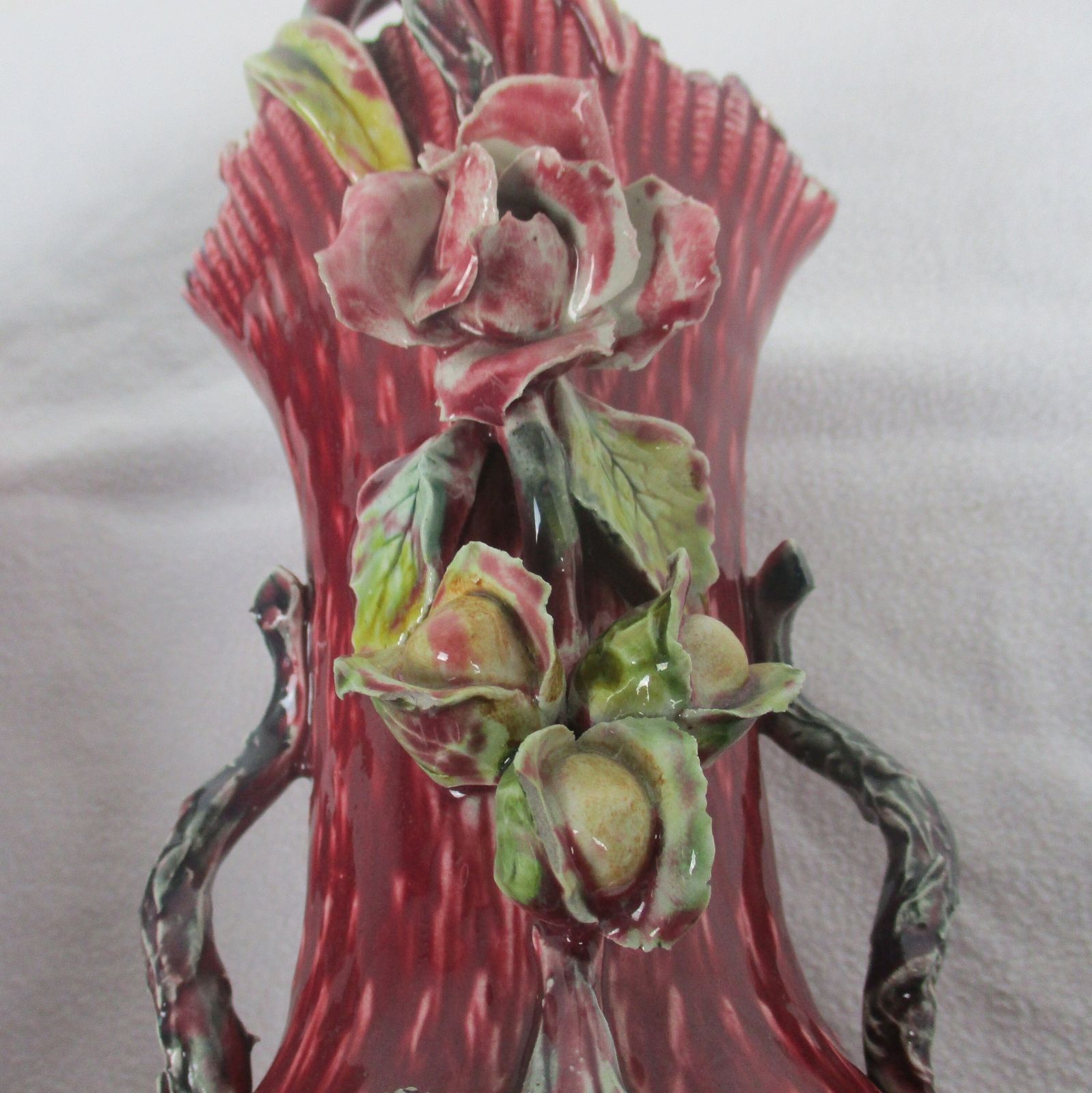 Set Of 2 Pair French Barbotine Majolica Vases Planters Centerpiece Gorgeous Flow photo vintage
