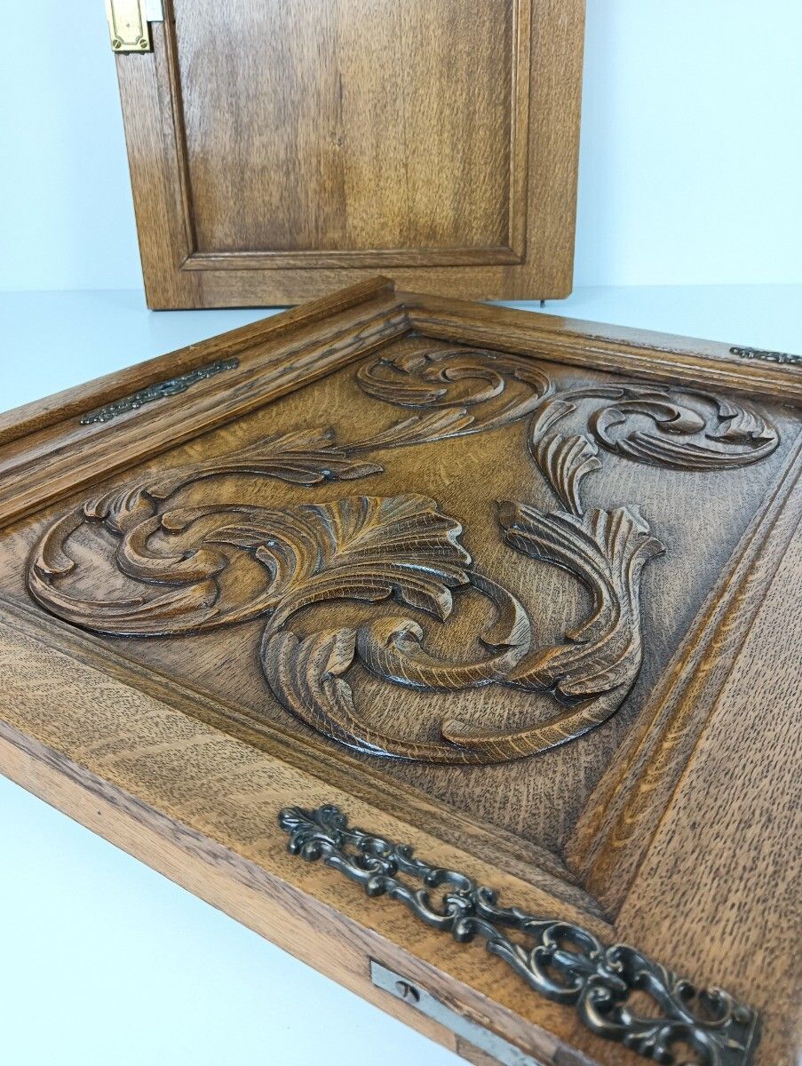 Pair Wooden Door Panels Antique Carved Wood Reclaimed Architectural Salvaged Bra photo vintage