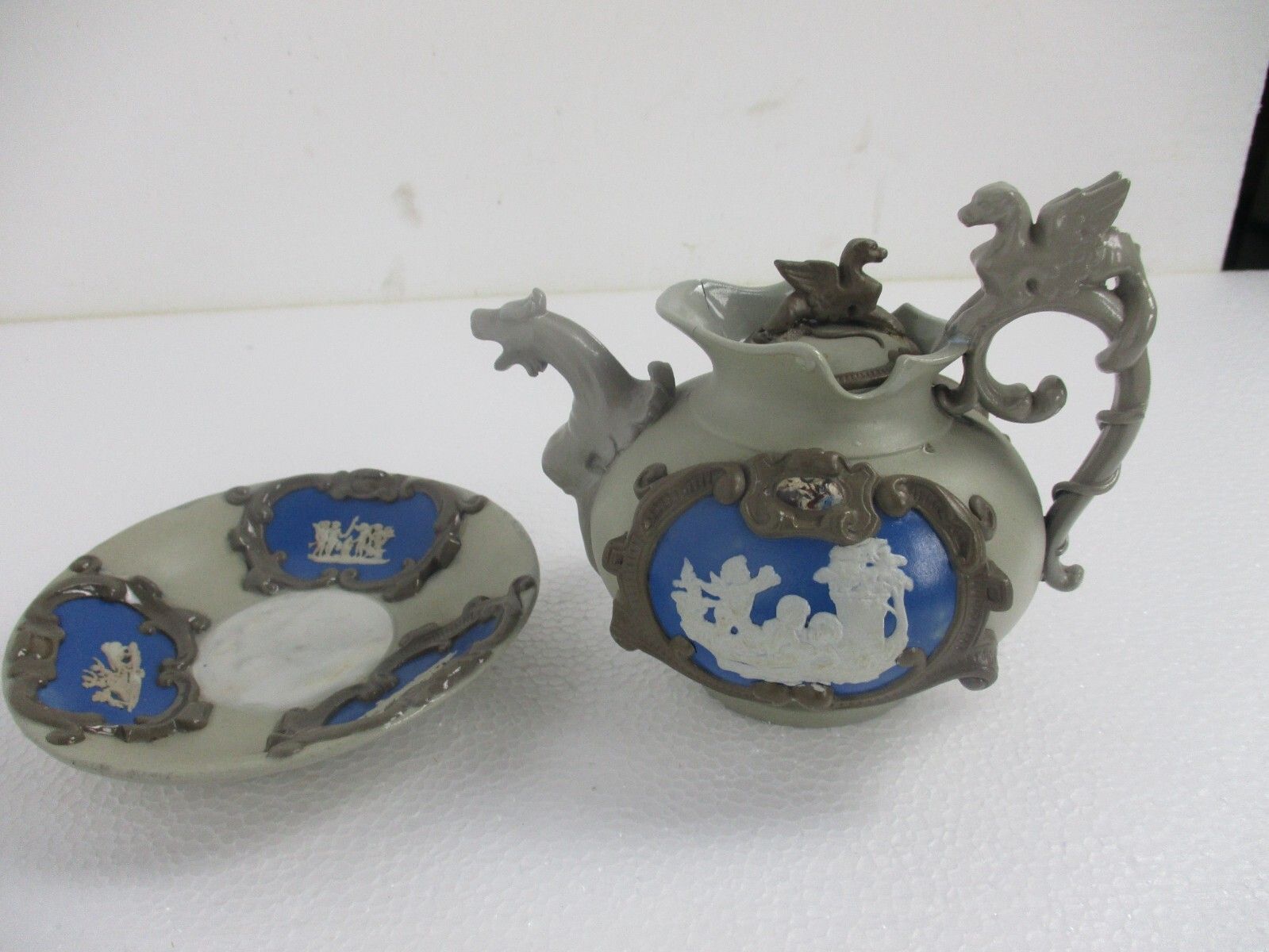 Antique Breakfast Set Mettlach Boch Stoneware Cameo Dragons 1900s Extremely Rare photo vintage