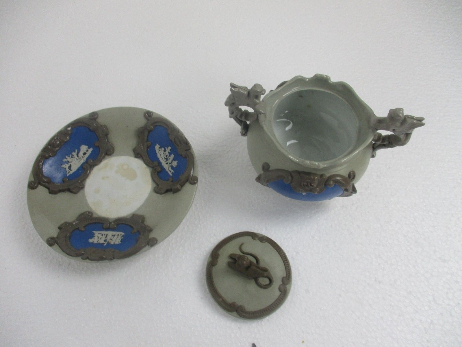 photo vinterior Antique Breakfast Set Mettlach Boch Stoneware Cameo Dragons 1900s Extremely Rare