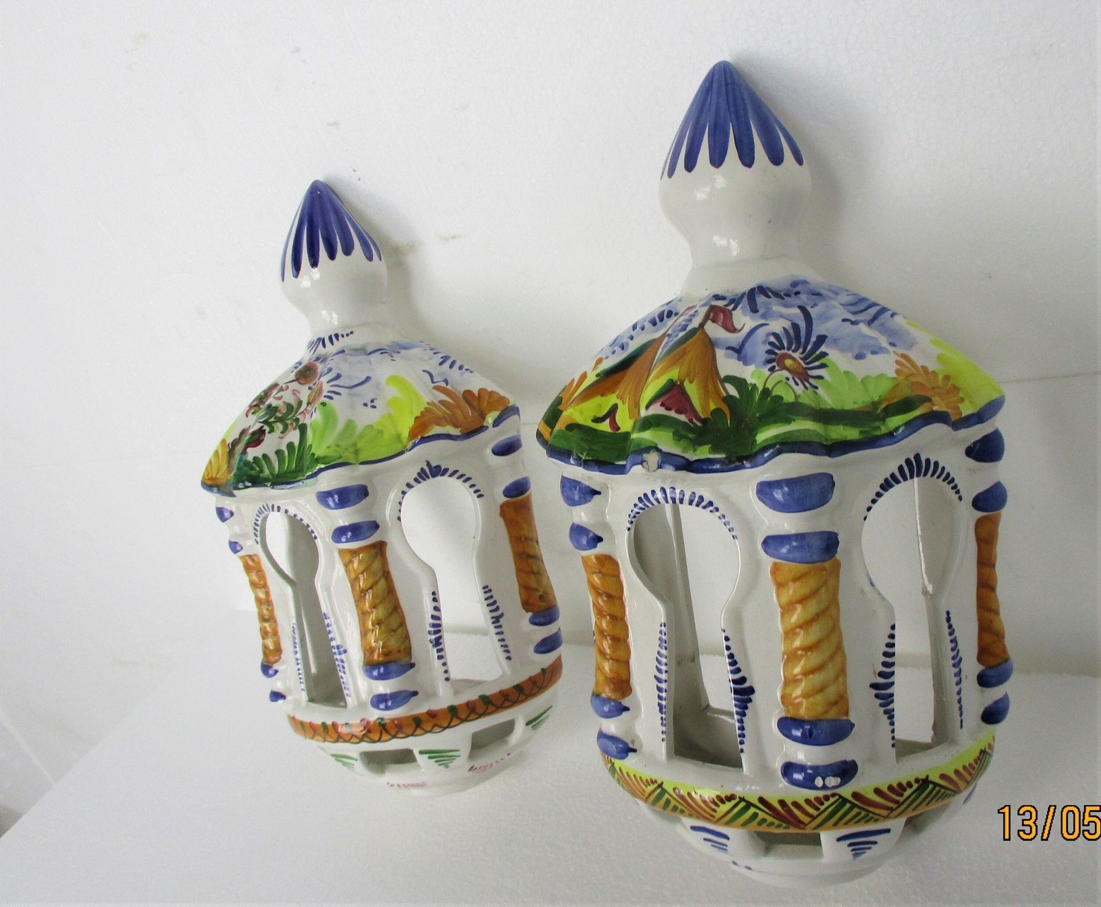 Couple Italian Ceramic Wall Hangings Polychrome For Candle Or Lamp Decorative Sh photo for sale